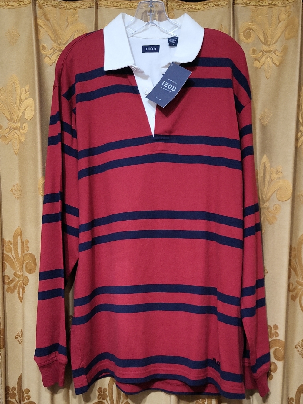 NWT Izod Long-Sleeve Rugby Shirt with White Collar
